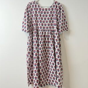 White Midi Dress with Pink & Blue Block Print